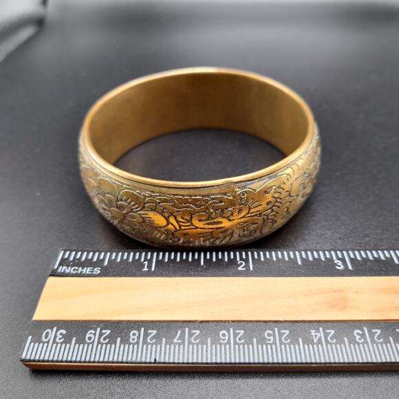 Vintage Brass Floral Wide Bangle Bracelet, 8", Etched Flowers - Picture 7 of 12